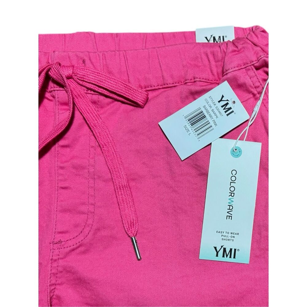 YMI Pink Denim Short Pull On Drawstring Frayed Hem High Rise Stretch Summer Plus - Picture 12 of 15